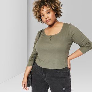 2X plus size Juniors Fit NEW Wild Fable Green Henley Crop Top Shirt